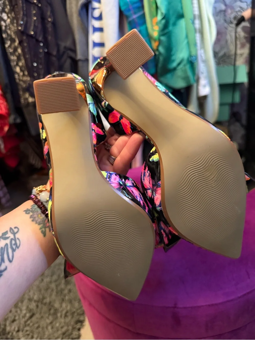 Betsey Johnson Black Floral Bow Pointed-Toe Heels with Neon Accents - Picture 6 of 7